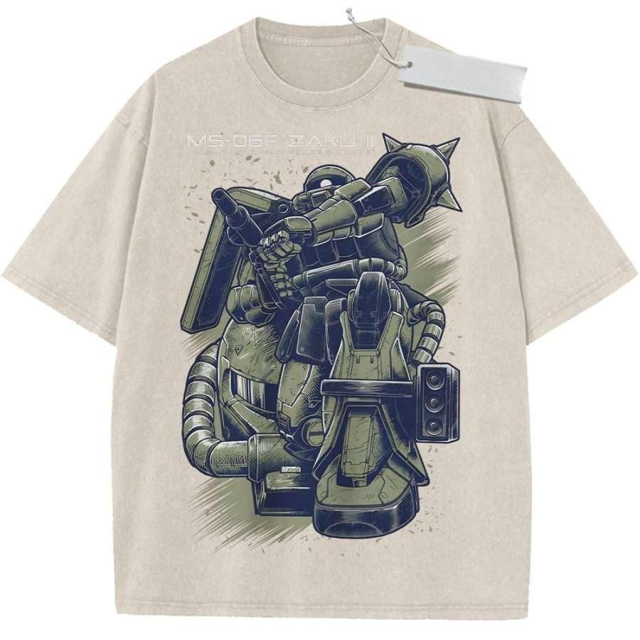 Винтажная стираная футболка Gundam Zaku II Военно-зеленая с аниме-графикой Свободный крой Уличная футболка для повседневной носки, учебы, прогулок