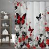 Butterfly Flower Leaf Red Black White Gray Shower Curtain, Bathroom Decorative Shower Curtain, Waterproof Shower Curtain with Ho