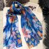 [BYSIFA] Blue 100% Silk Scarf Shawl New Floral Design Long Scarves Women Summer Utralong Beach Shawl Winter Scarves 180*110cm