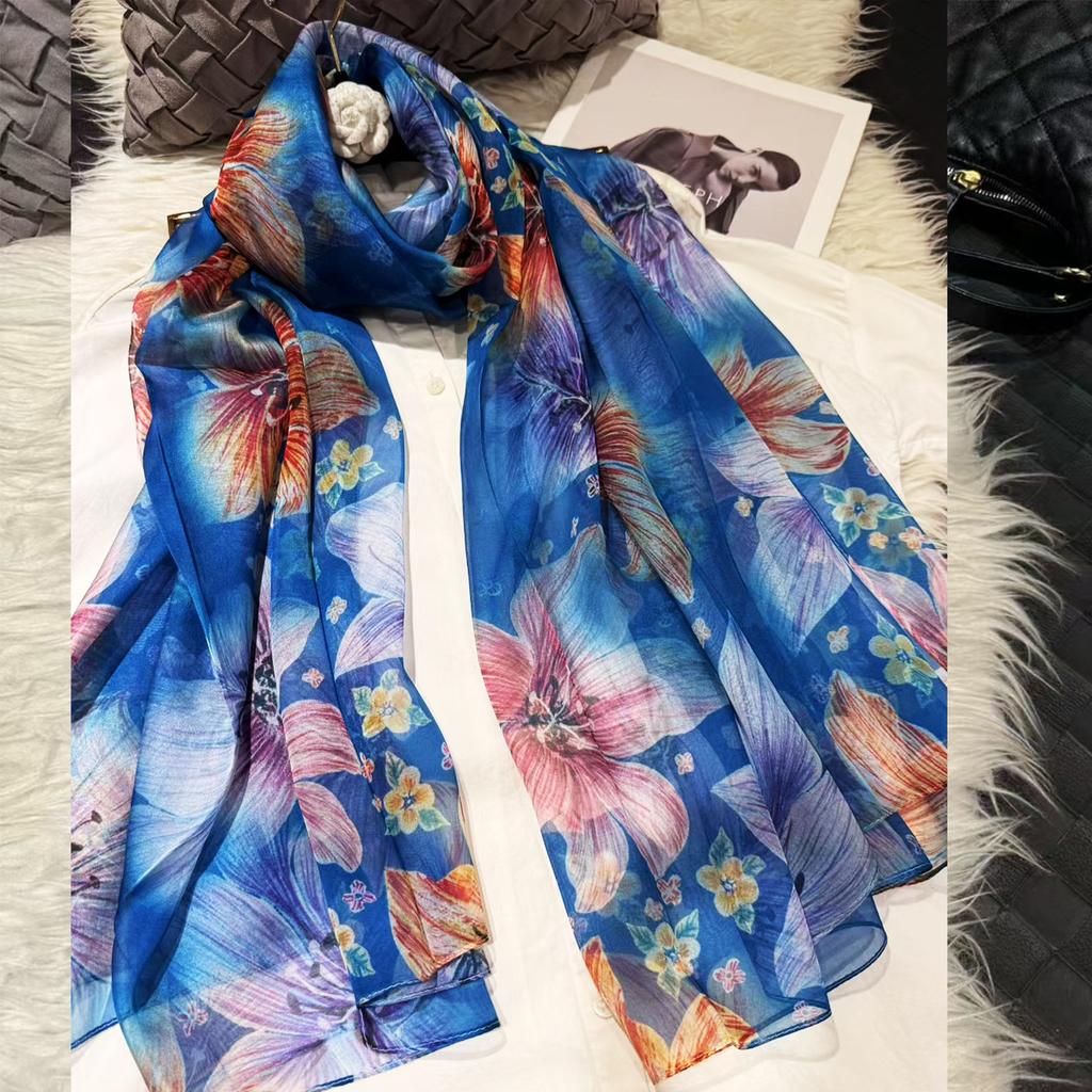 [BYSIFA] Blue 100% Silk Scarf Shawl New Floral Design Long Scarves Women Summer Utralong Beach Shawl Winter Scarves 180*110cm