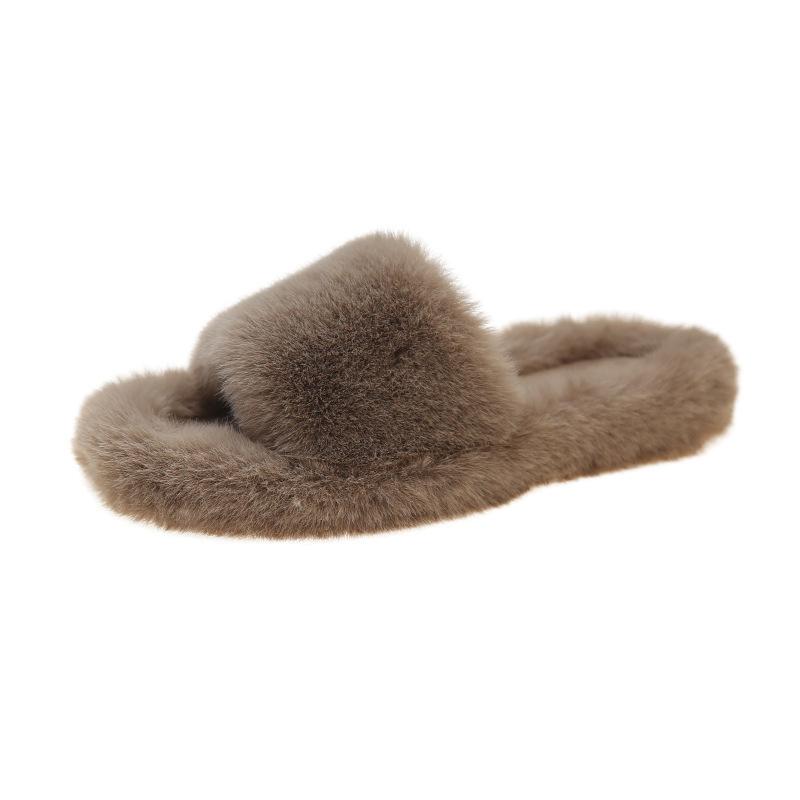 Foreign Trade Large Size Flat Bottom Fluffy Slippers Women's Outer Wear 2024 Autumn and Winter Fashion Home One-word Slippers Foreign Trade