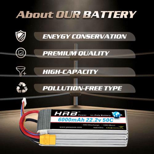 HRB 22.2V LiPo Battery, 6000mAh, 6S 6000mAh, 6-Cell XT90 50C-100C, for RC Airplanes, Helicopters, and Multicopters