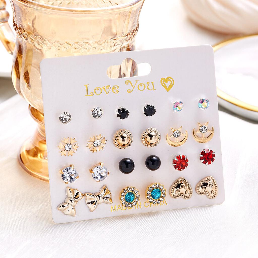 12 Pairs Earrings Set Stud Crystal Pearl Butterfly Flower Heart Women Jewelry