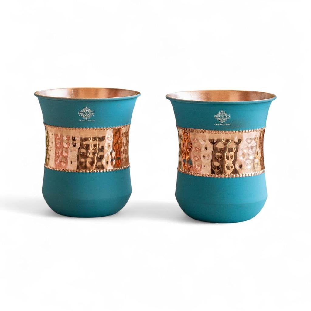 Copper Half Silk Finish Sky Blue Glass, 300 ML, Pure Copper Hammered Drinkware for Daily Use, Ayurvedic Health Benefits, Set of 2