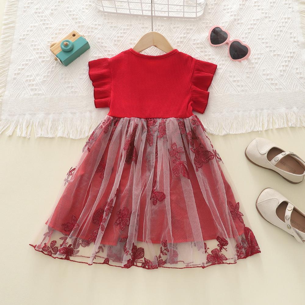 Корейское красное сетчатое вязаное платье для девочек с вышивкой-бабочкой и воланами