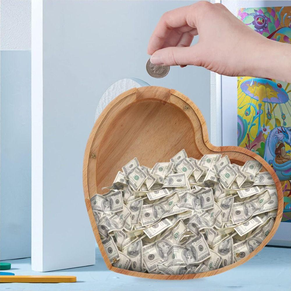 Heart Shaped Wooden Piggy Bank Transparent Cash Saving Box Cute Change Holder Case Boys