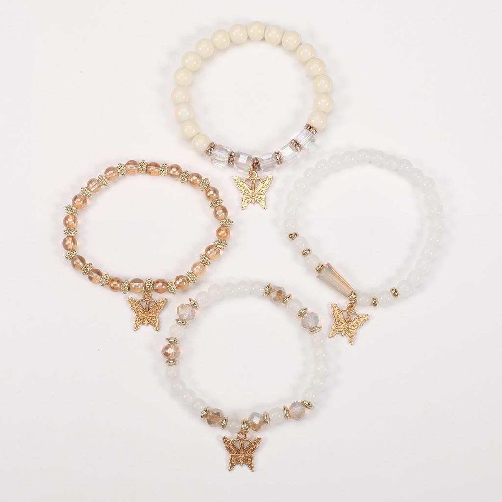 Handmade Bohemian Butterfly Layered Bracelet Set: 4-Piece Beaded Crystal Rhinestone Design