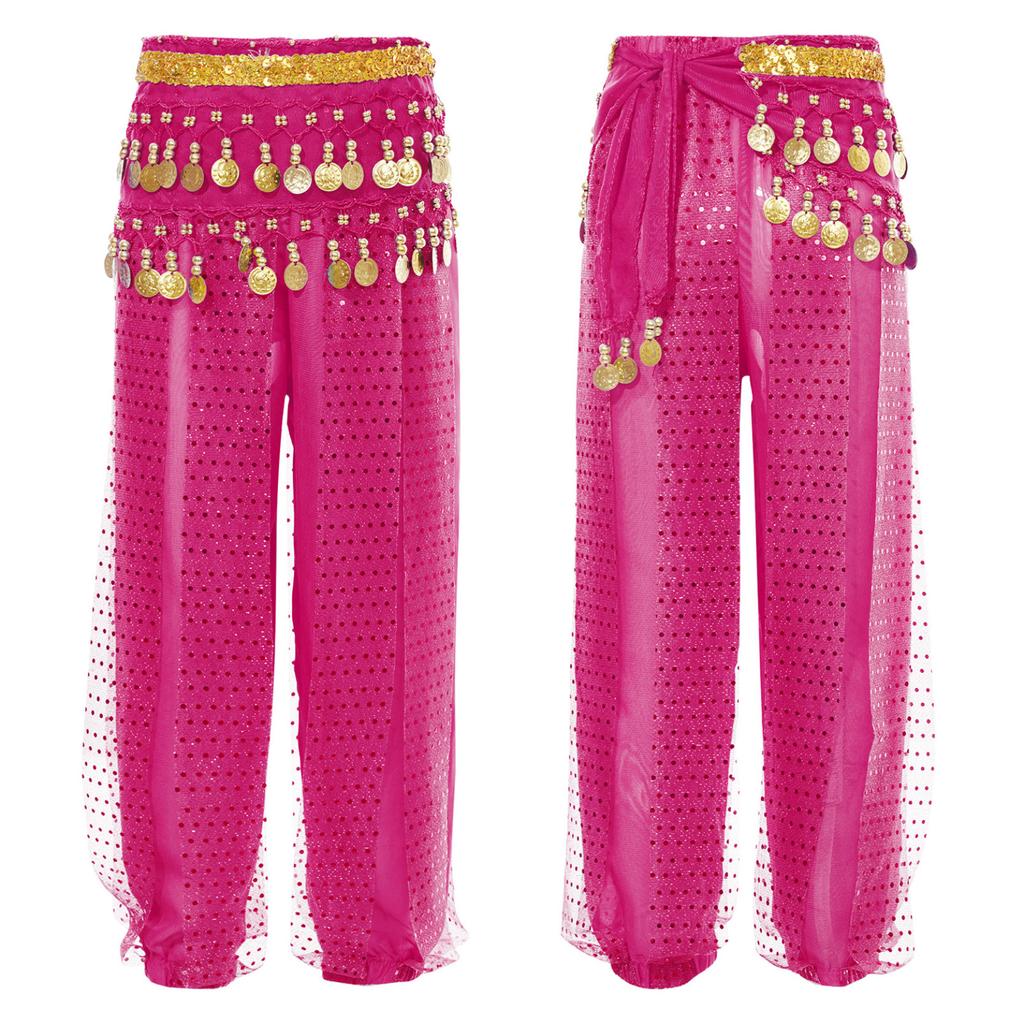 Kids Girls Belly Dance Performance Pants Sequined Dots Chiffon Trousers Bloomers with Tassels Waist Chain Hip Scarf