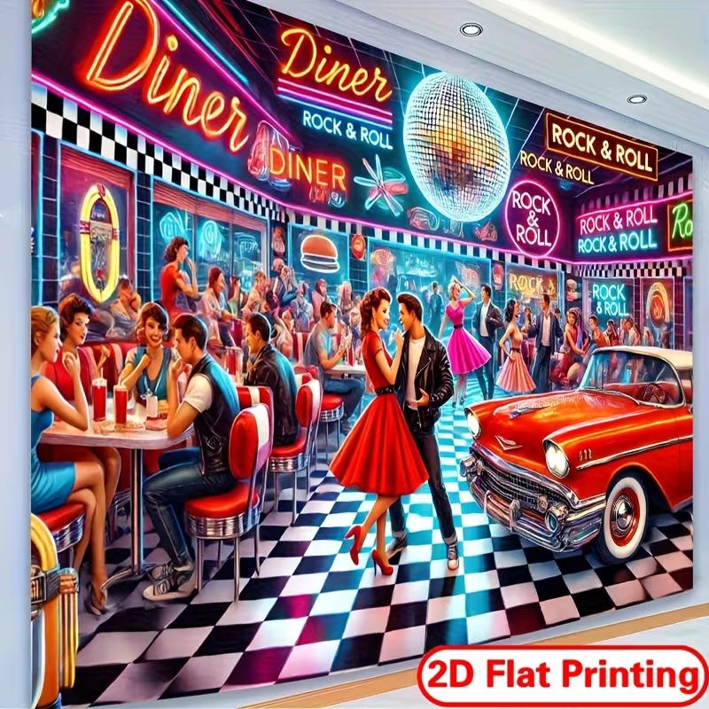 2D Vintage 1950s Diner Backdrop Rock & Roll Party Photo Background Cloth