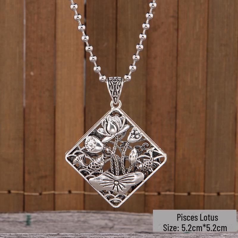 Retro Silver Peace Lock Pendant Necklace - Four-sided Wealth Women's Long Sweater Chain In National Style