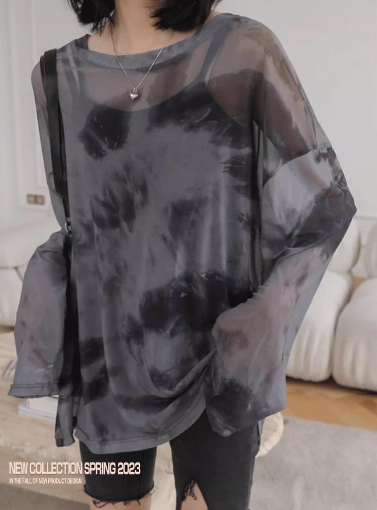 Yuoku Sheer Sexy Print Layered Long Thin Tulle Dance Oversized Shirt Loose Women's See-Through Top, Blouse, Show-Off Top, Look, Sleeve, Sheer,