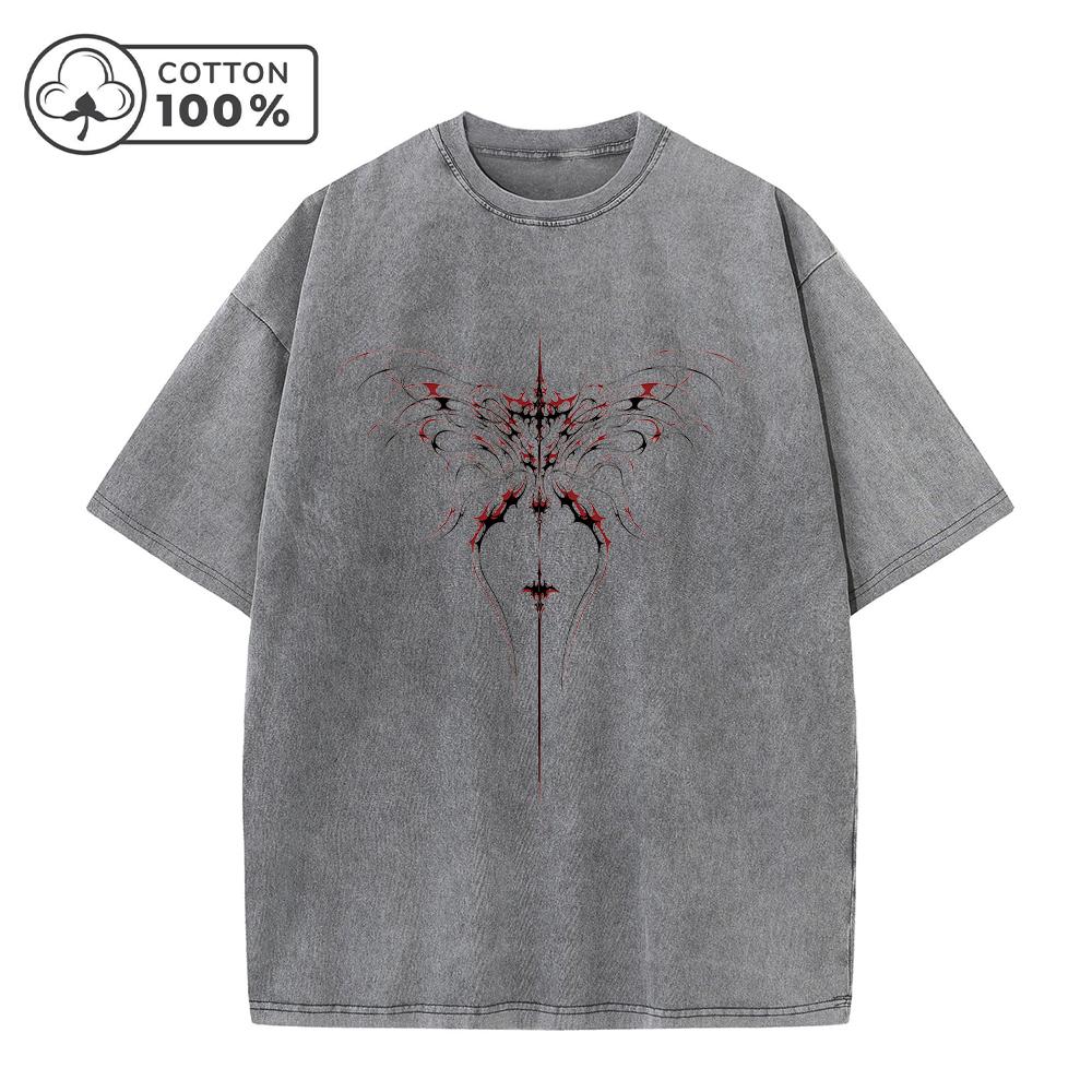 Mens Unique Line Butterfly Print Washed T Shirt Distressed Retro Casual Loose Pure Cotton Short Sleeved Summer Commuter Top