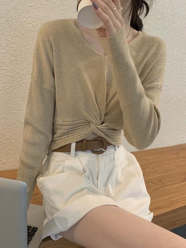 Autumn V-Neck Long-Sleeve Knit Sweater for Women