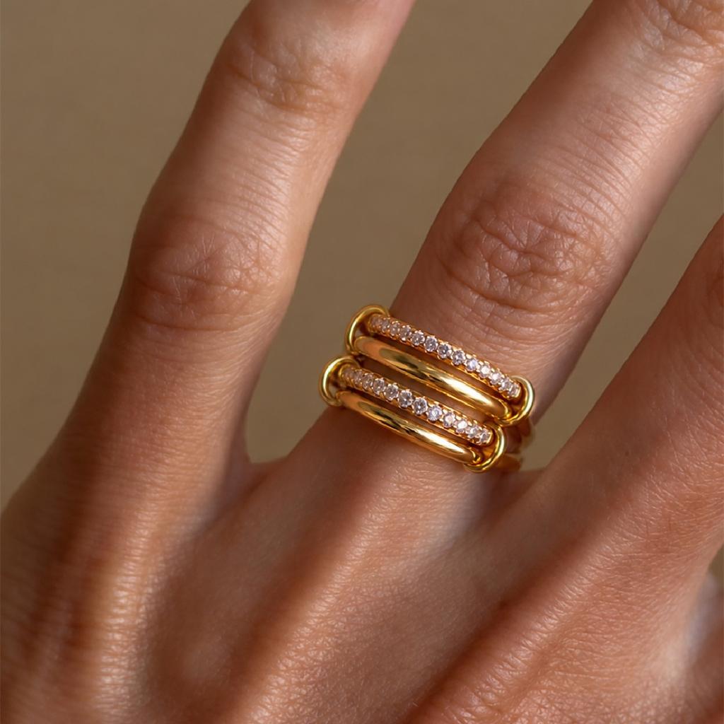 KunJoe Luxury 18K Gold Plated Stainless Steel Stackable Rings Women Fashion Glass Drill Multilayer Connecting Ring Party Jewelry