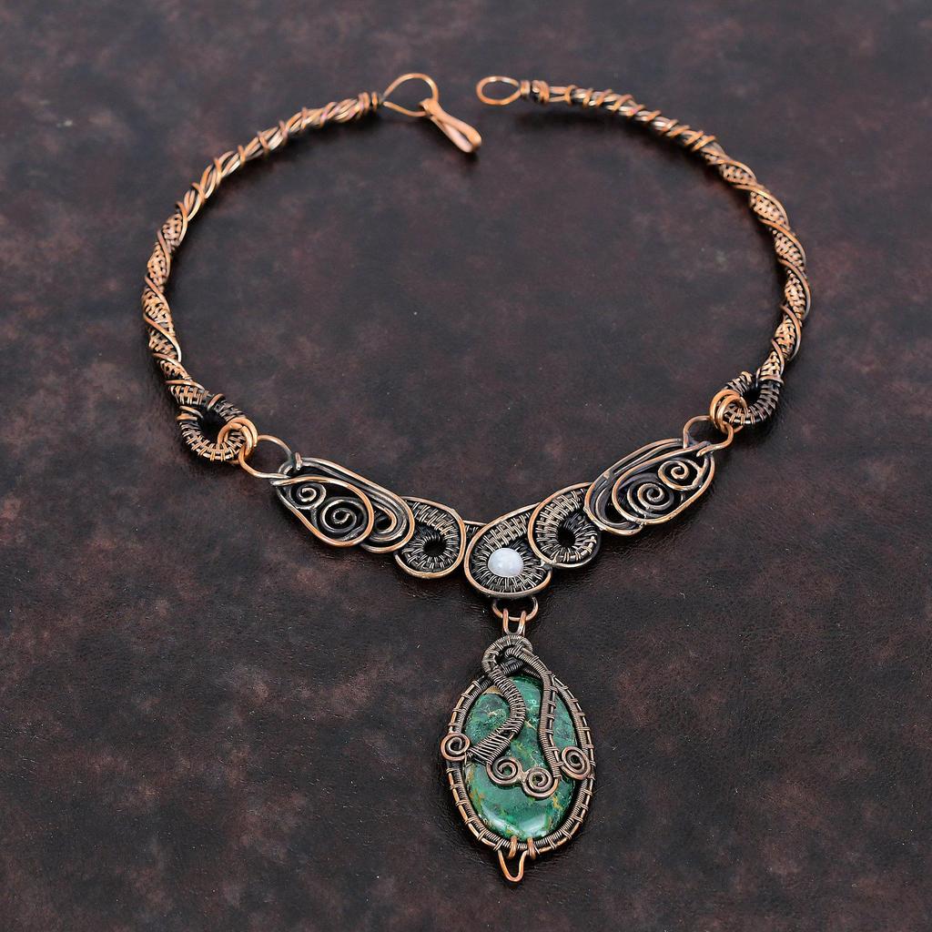 Ожерелье из куприта и хризоколлы, медная проволока, ожерелье из драгоценных камней, медная проволока ручной работы, ювелирные изделия, ожерелье из радужного лунного камня, подарок для мамы