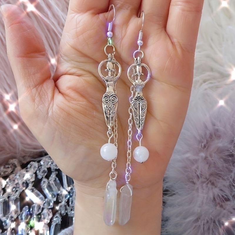 Angel Halo Goddess Chain Design With Natural Stone Decor Dangle Earrings Alloy Jewelry Elegant Style Reiki Energy Accessories