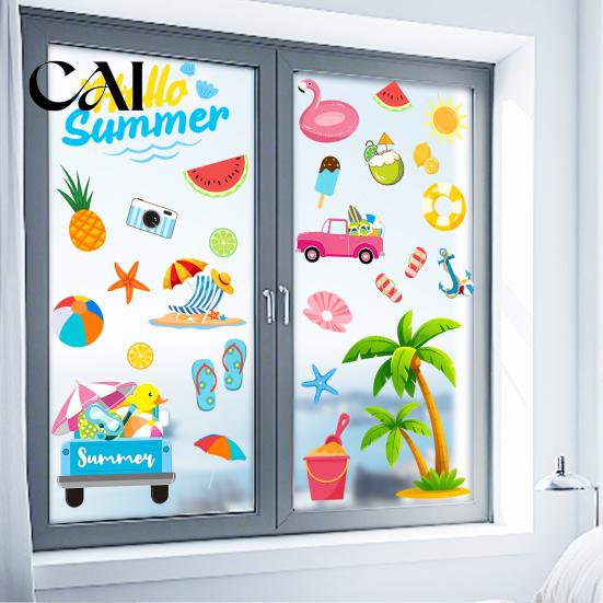 Creative Summer Gift Ideas 2Pcs Hello Beach Window Clings, Tropical Hawaiian Coconut Tree Flamingo Easy Peel Stick Wall Art Stickers