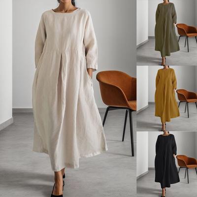Vestido Vintage Хлопок Льняные Длинные Платья для Женщин Осеннее Однотонное Длинное Рукавное Платье Бохо Макси Карман Свободная Туника Платье Рубашка