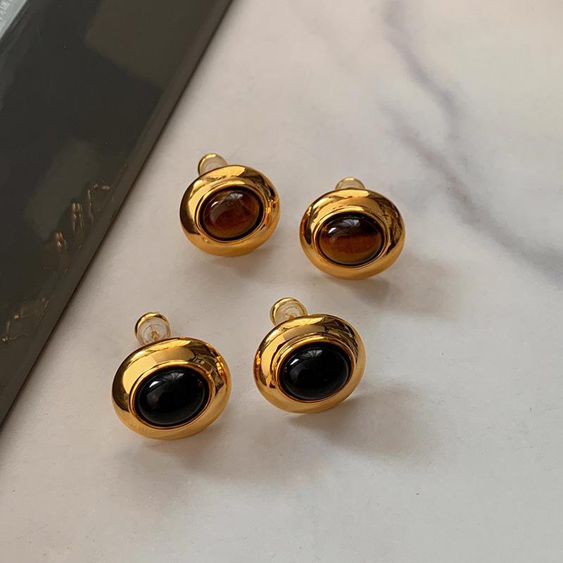 Vintage Tiger Eye Stone Earrings: Gold Electroplated, Sterling Silver Needle, Unique Light Luxury Design