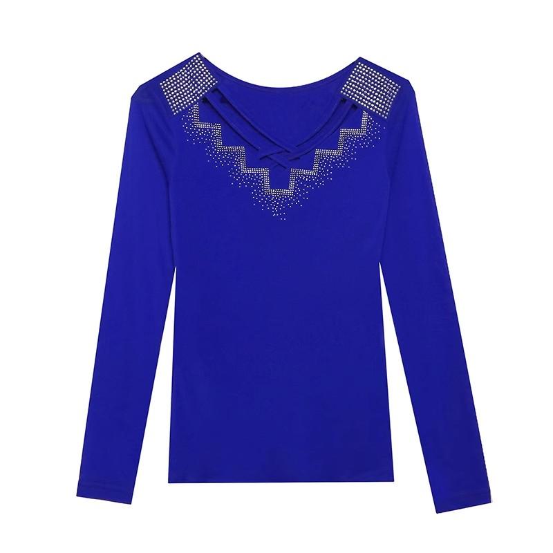 Уличная женская одежда Футболка Весна Осень Высокое качество Горячие бриллианты Топы с длинным рукавом Женские Сексуальные футболки из сетки с V-образным вырезом
