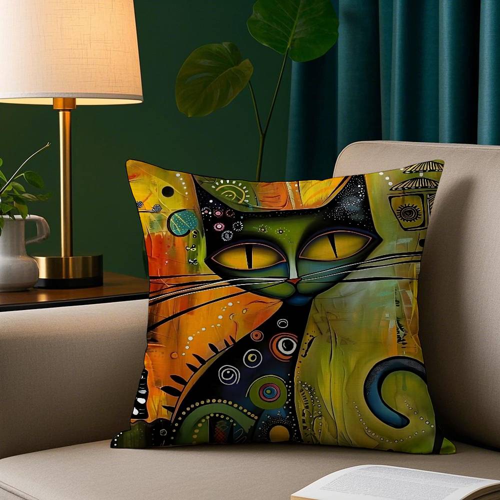 Cat Oil Painting Style Pillow Cover Square Design Home Sofa Pillowcase