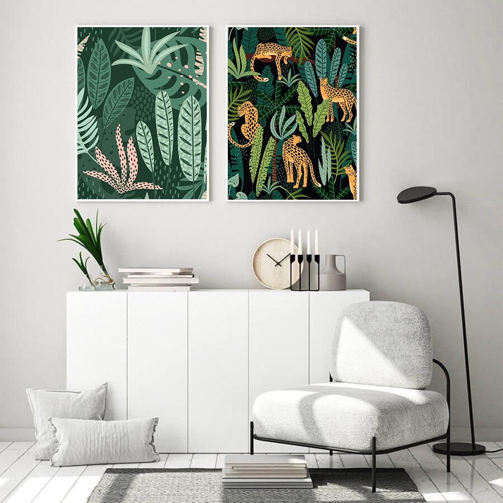 Куадрос тропические леопардовые животные джунгли постеры и принты листья монстеры настенная живопись на холсте картины для декора гостиной