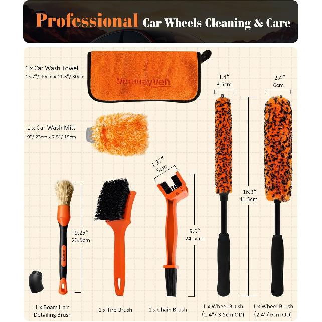 YeewayVeh 7PCS Motorcycle Cleaning Kit, 2-Size Bendable Wheel Brush, Tire And Chain Brush, Detailing Brush, Microfiber Towel And Car Wash Mitt For