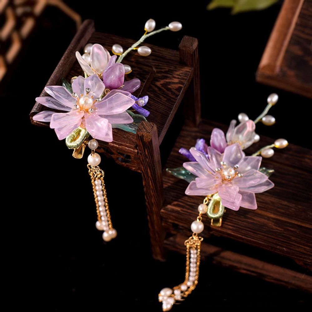 Tassel Floral Hair Stick Pearl Flower Hair Comb Elegant Tang Dynasty Hairpin Jewelry