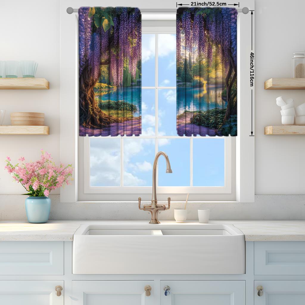 2pcs Painting of Wisteria Flowers Printed Curtain for Home Decor - Rod Pocket Window Treatment for Bedroom, Office, Kitchen