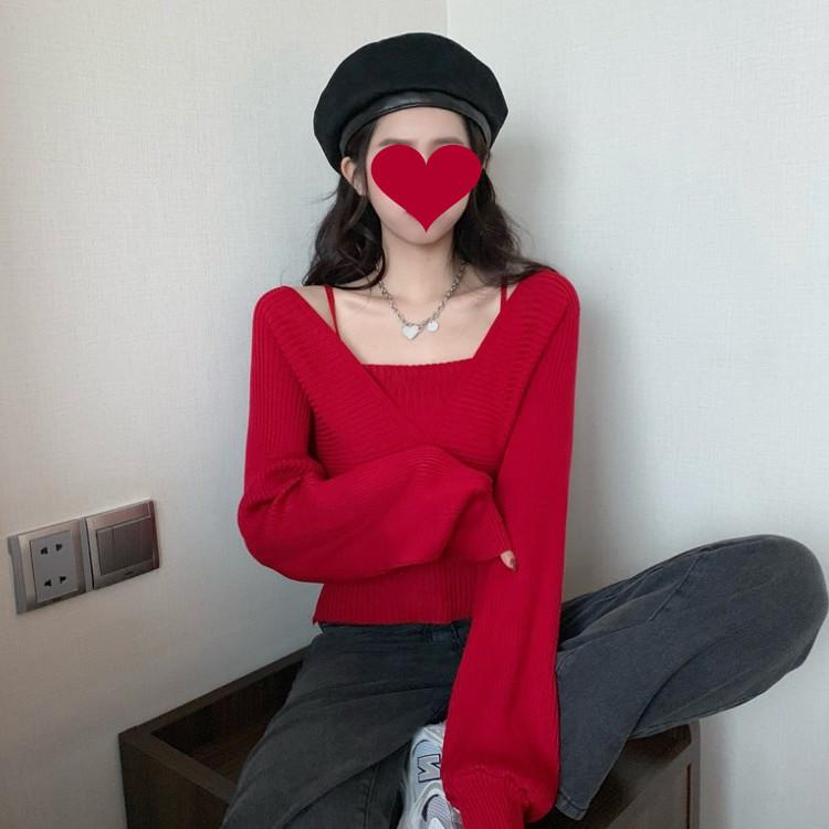 Поддельные два свитера, женские весенне-осенние вязаные свитера с v-образным вырезом, корейские короткие пуловеры