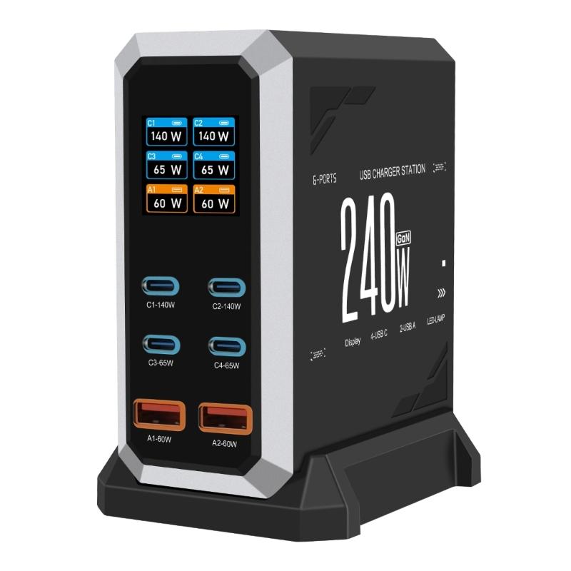 Зарядный адаптер 240 Вт 6 в 1 140 Вт USB Type C Цифровой дисплей Быстрая зарядная станция для мобильного телефона Ноутбука Электроники