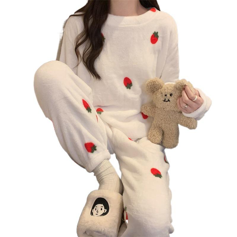 Утолщенная теплая большая размерная утепленная женская пижама на осень и зиму, топ и штаны, комплект из кораллового бархата, женский мультяшный медведь, 2 шт./комплект