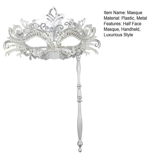 Fancy Party Masque Metal Masque with Handheld Stick Half Face Venetian Masque with Rhinestones for Women Men Prom Ball Mardi Gras Masquerade