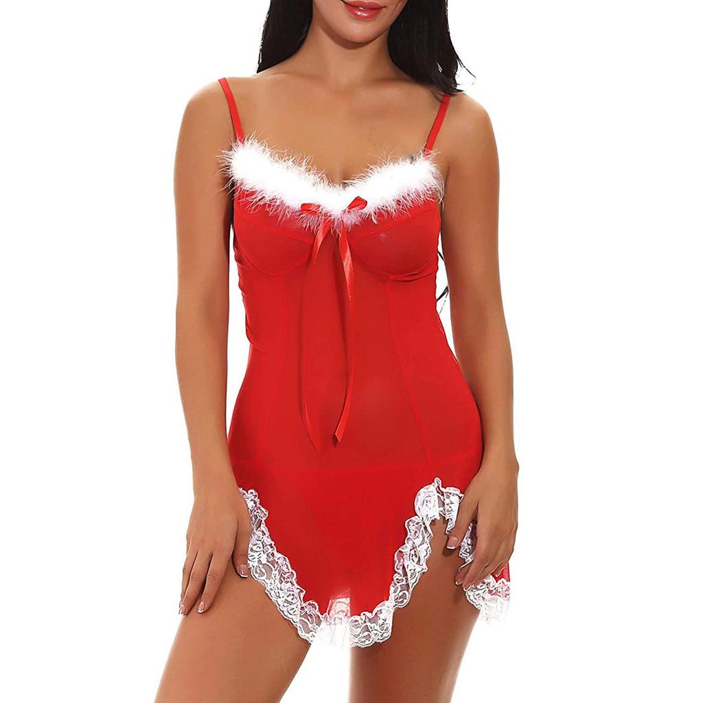 European & American Frayed Hollow See-through Plus Size Christmas Nightgown