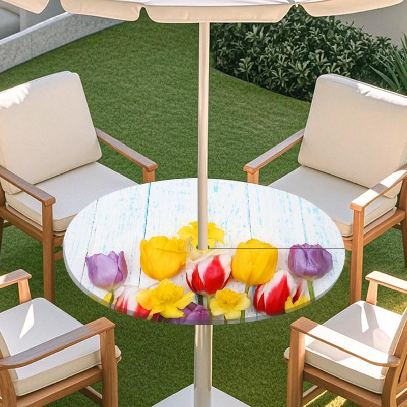 Outdoor Round Table Cover With Floral Leaf Print Waterproof Elastic Hem Patio Garden Dining
