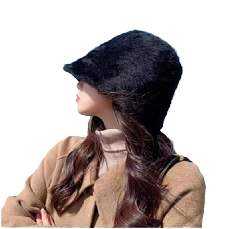 Women's hat for autumn and winter new warm bucket hat, versatile bare-faced face-covering true rabbit fur basin hat, cold-resistant plush bucket hat
