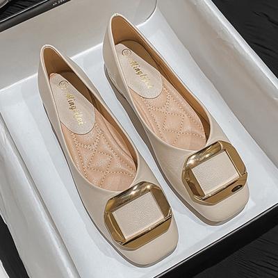 Модные женские кожаные туфли с квадратной металлической пряжкой весна-осень 2024 года, одинарные рабочие туфли на толстом каблуке, балетки больших размеров 41-43 для женщин