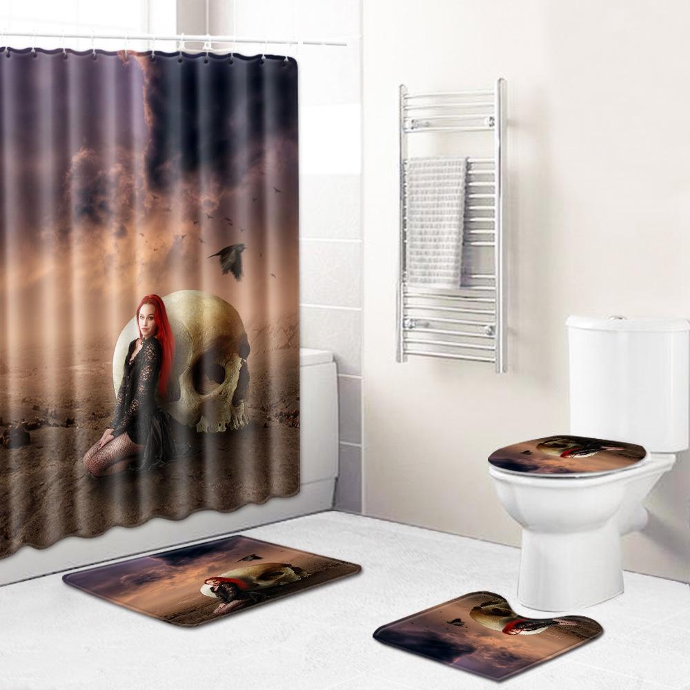 Триллер Череп Занавеска для душа Коврик для пола Комбинация Набор из четырех предметов Ванная Туалет Ковер Коврик для ног