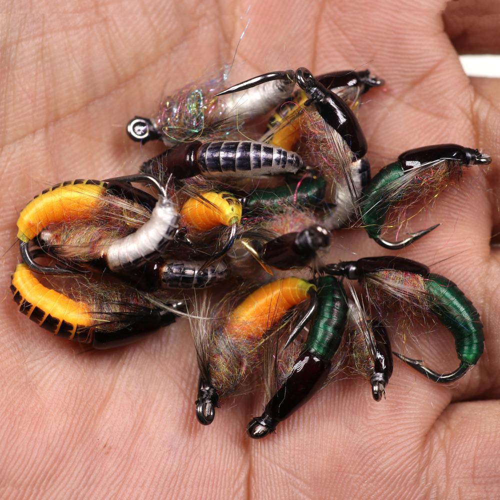 Wifreo 12PCS Fly Fishing Nymph Scud Worm Fly Realistic Aritificial Insect Bait Lures with Hook Size 8 10 12