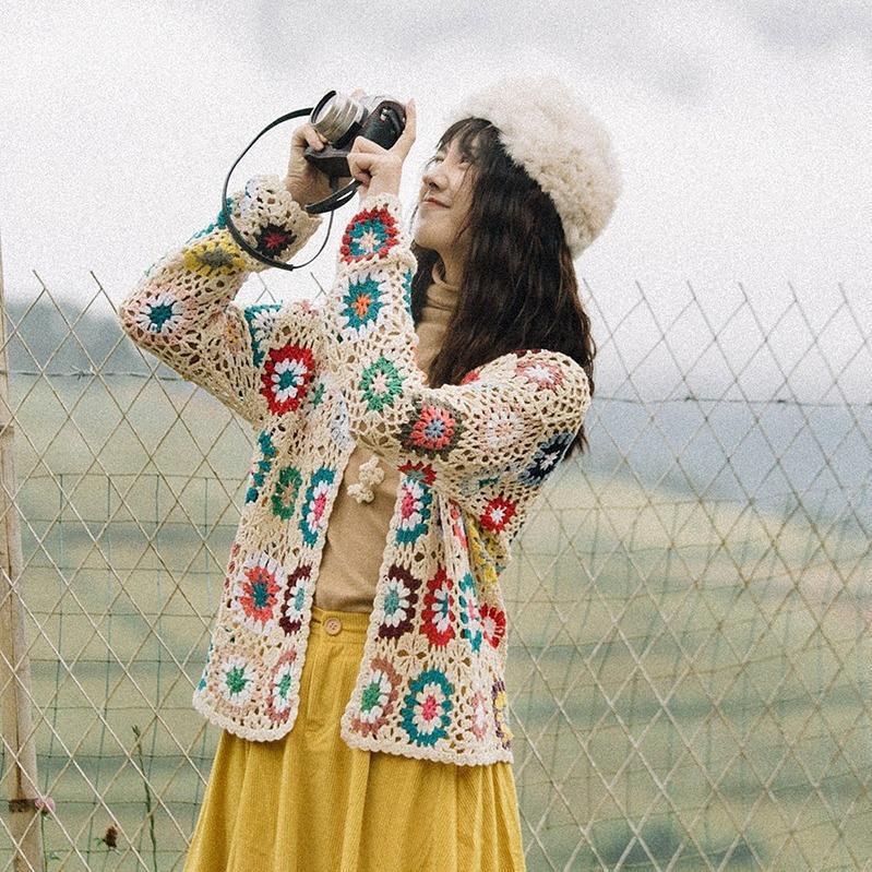 Women's Handmade Crochet Cardigan Knit Sweater Hollow Out Jacket Ethnic Long Sleeve Top