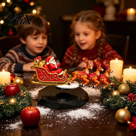 Creative Christmas Ornament Floating Santa Sleigh, Flying Sleigh Magnetic Levitation Display, Interactive Holiday Display Claus Tabletop Decor