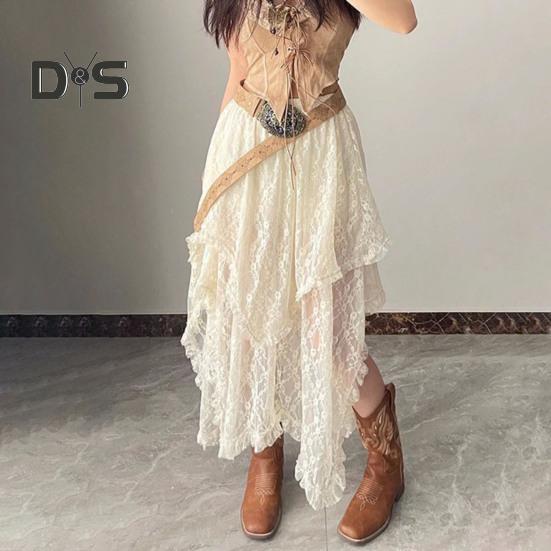 Ретро-юбка с эластичной высокой талией, кружевная юбка нестандартного дизайна, длинная юбка-миди во французском стиле с вышитым кружевом и цветочным узором