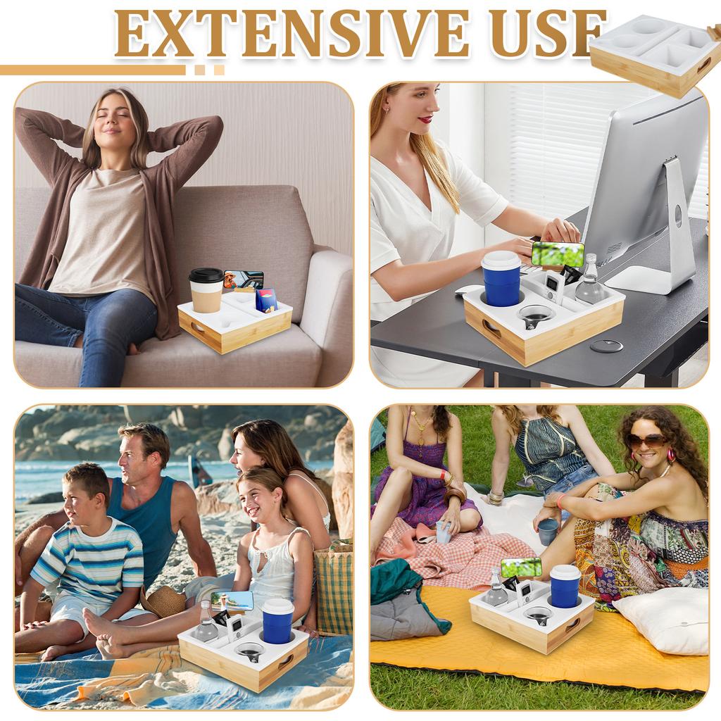 Couch Cup Holder Couch Caddy with Rotatable Phone Holder Wooden Sofa Cup Holder with Carrying Handle for Bed Car Beach Organizer