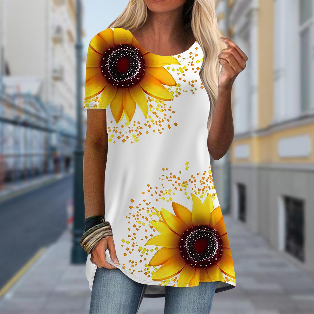 Плюс размер Женская весенняя футболка с принтом подсолнуха, удобная, с коротким рукавом и круглым воротником, повседневные мешковатые футболки средней длины