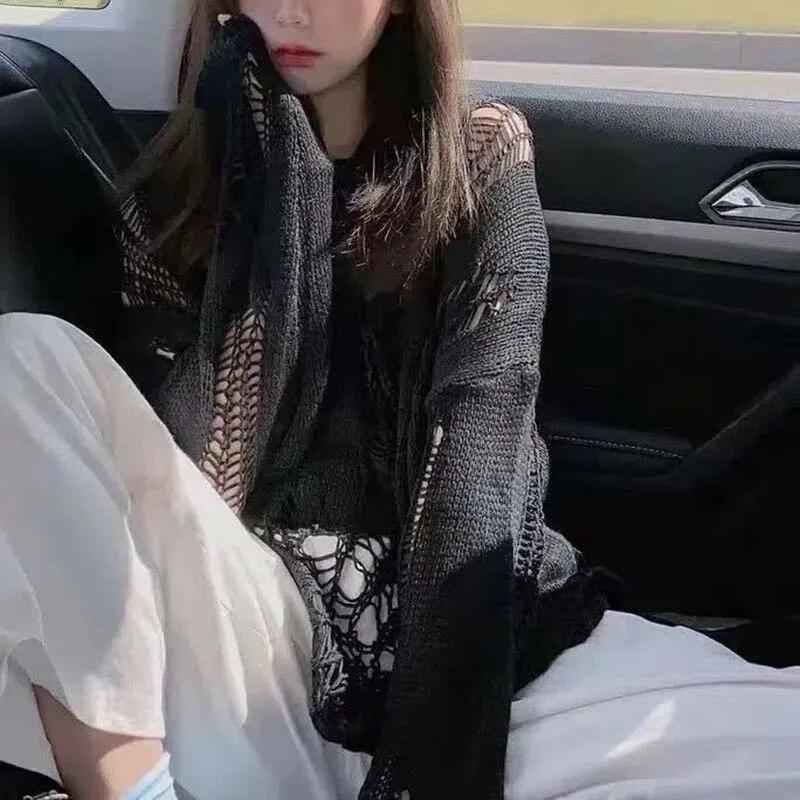 Черный полый вязаный свитер с неровными отверстиями, женский тонкий пуловер с круглым вырезом, сладкий джемпер с длинными рукавами, новая модная осенняя уличная одежда