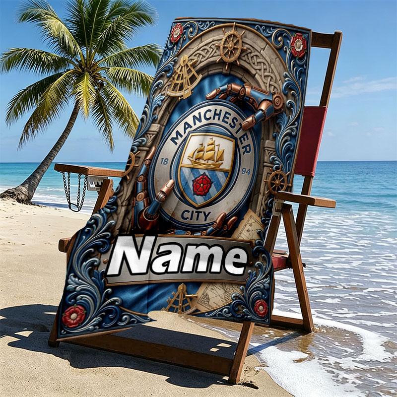 Custom Name Personalized Manchester City Print Beach Towel, for Trip Camping Beach Party Home Decor, Birthday Gift for Family & Friends