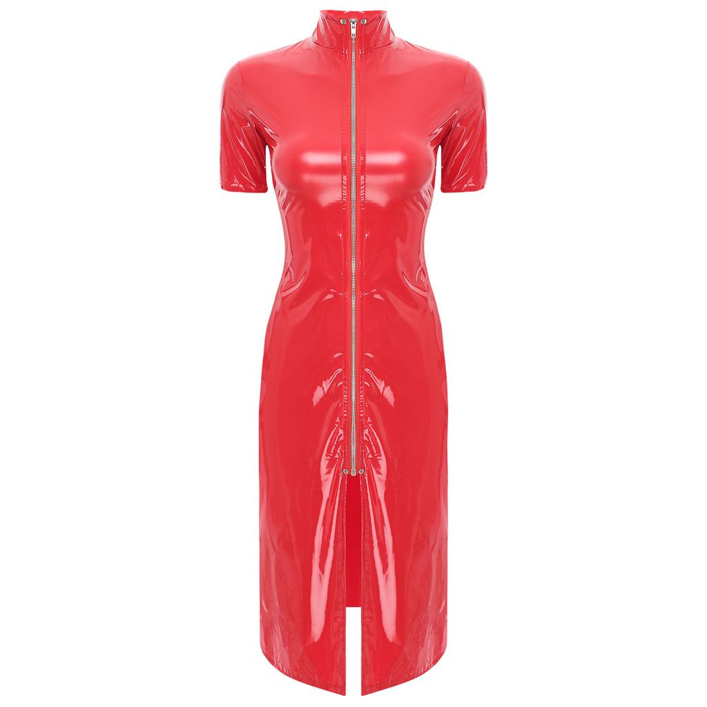 Женское кожаное платье с мокрым эффектом, воротником-стойкой, коротким рукавом, молнией спереди, разрезом, облегающее платье-пиджак, платье для диджеев, музыкальное шоу, диско-рейв, вечеринка, клубная одежда