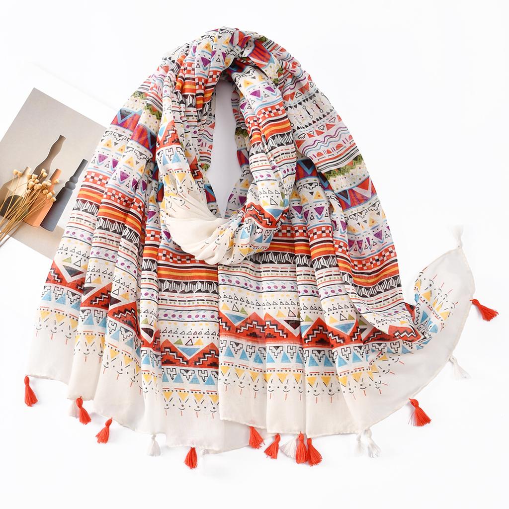 Fresh and Elegant Red Petal Mixed Printed Tassel Scarf for Women Cotton and Linen Scarf for Travel Decorative Shawl