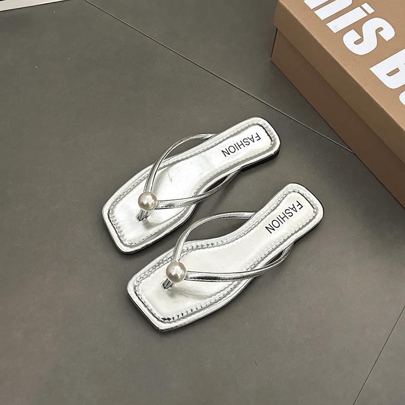 Новая приморская пляжная обувь Корейская версия женской летней моды плоская подошва простые однотонные жемчужные шлепанцы обувь универсальная