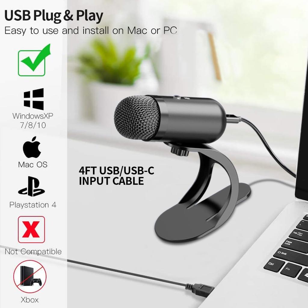 LIANGSTAR USB Computer Podcast Microphone Desktop with Mute Button for Streaming Omnidirectional Condenser with Volume Plug and Play Stand for YouTube